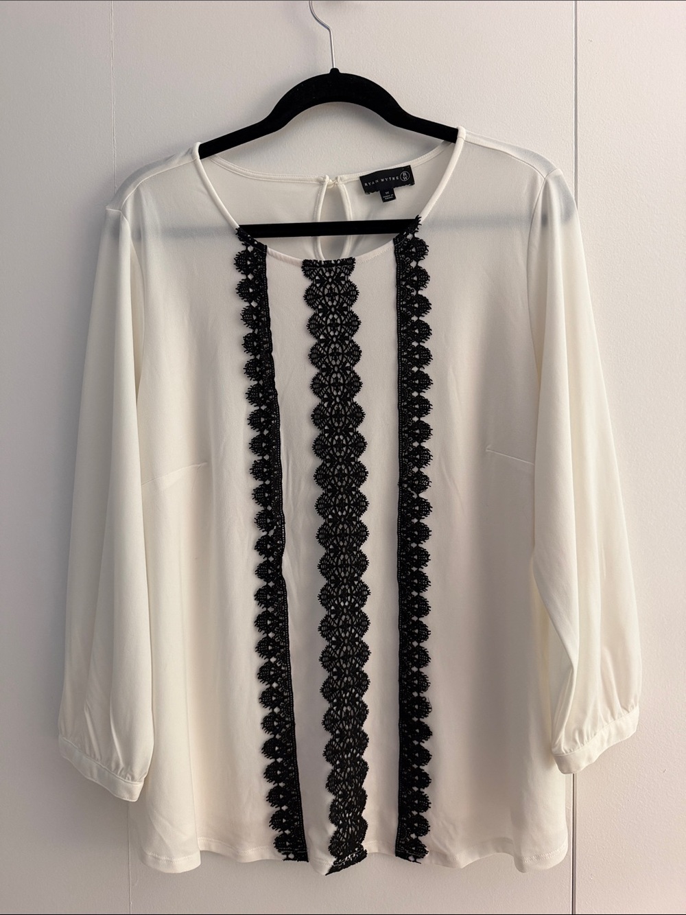 White Blouse with Black Lace Trim